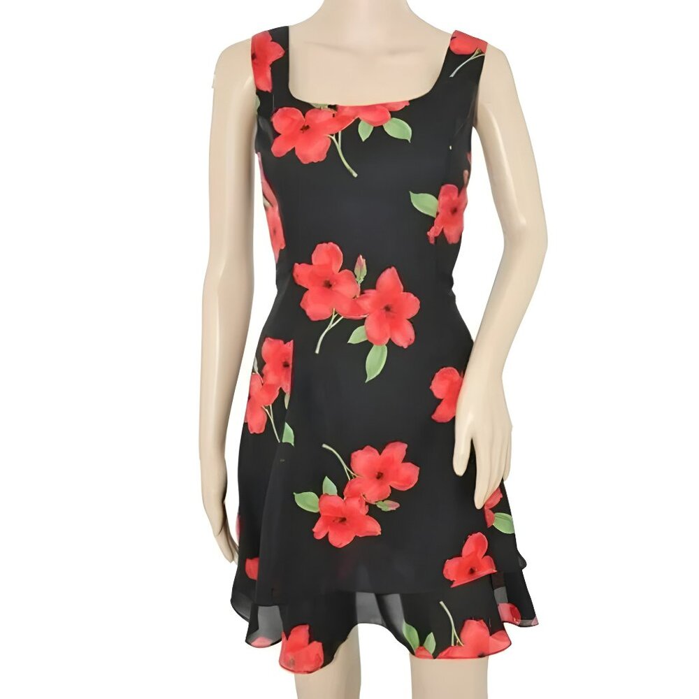 90s Y2K Vintage Red Black Floral Fit Flare Lightweight Flowy Sleeveless Dress 10